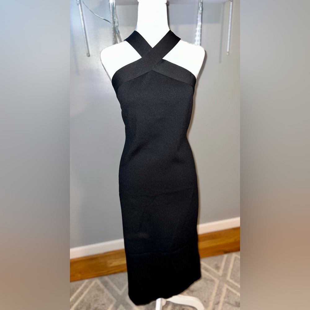 Sincerely Jules Black Dress Size XL Ribbed Bodycone Criss Cross Halter. NWT
